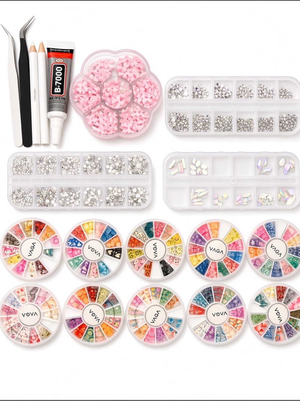 Nail art bows, gems,decorations, and chrome